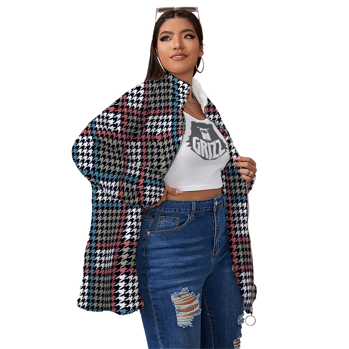 White Houndstooth And Blue Red Print Women's Sherpa Jacket-grizzshop