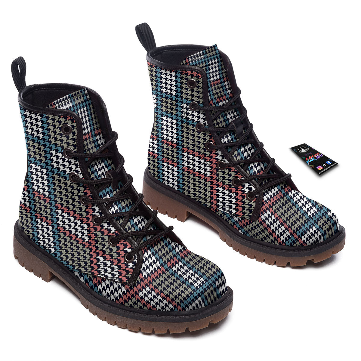 White Houndstooth And Blue Red Print Work Boots-grizzshop