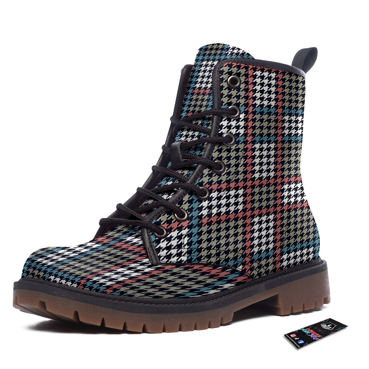 White Houndstooth And Blue Red Print Work Boots-grizzshop
