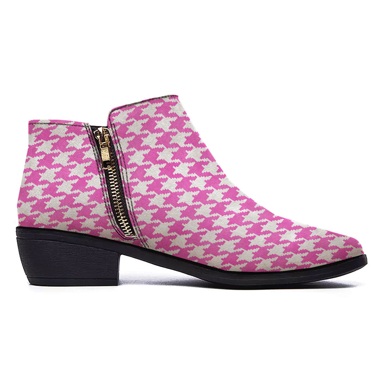 White Houndstooth And Pink Print Ankle Boots-grizzshop