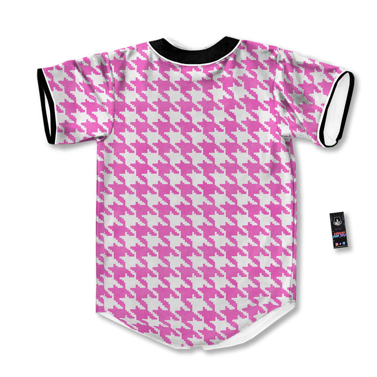 White Houndstooth And Pink Print Baseball Jersey-grizzshop