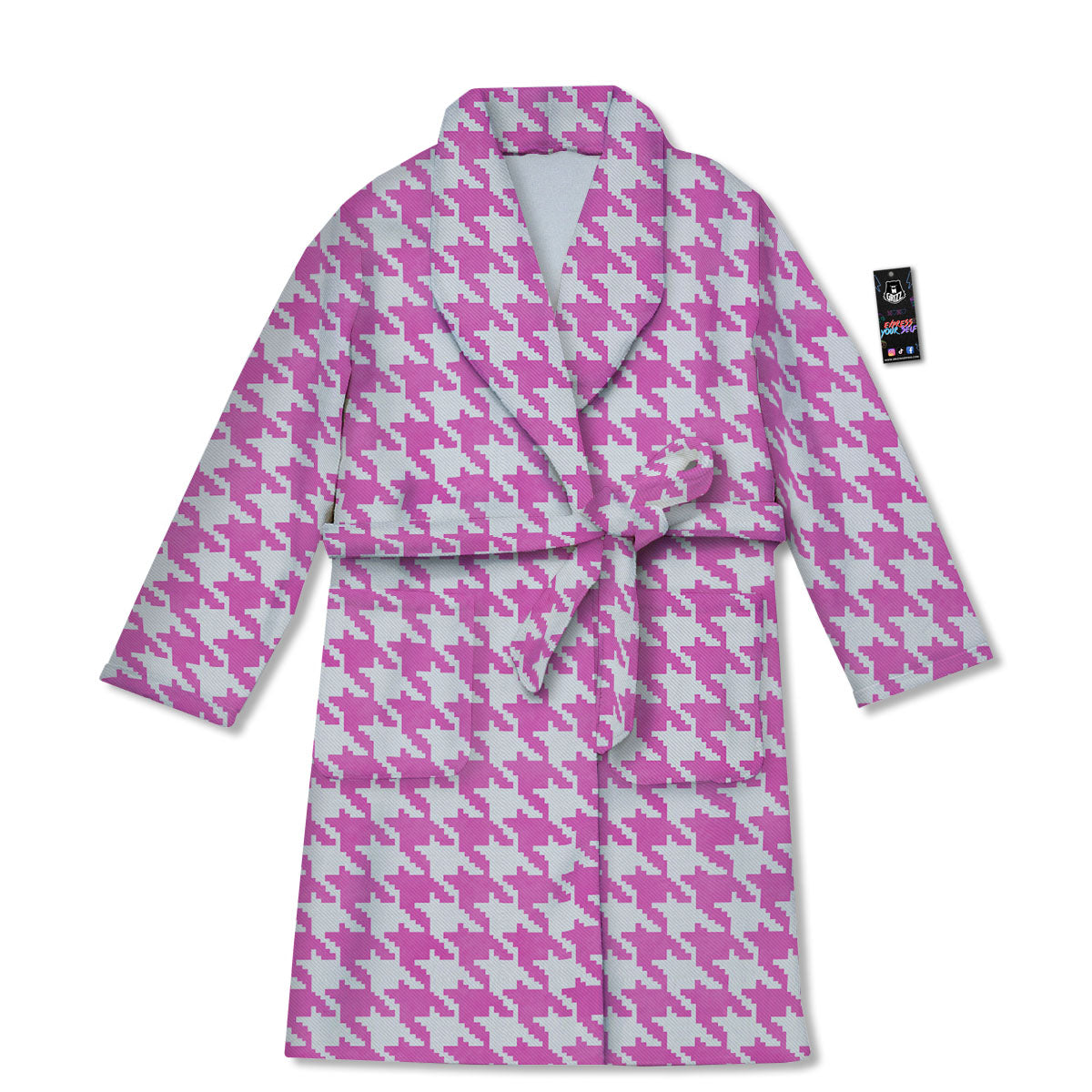 White Houndstooth And Pink Print Bathrobe-grizzshop