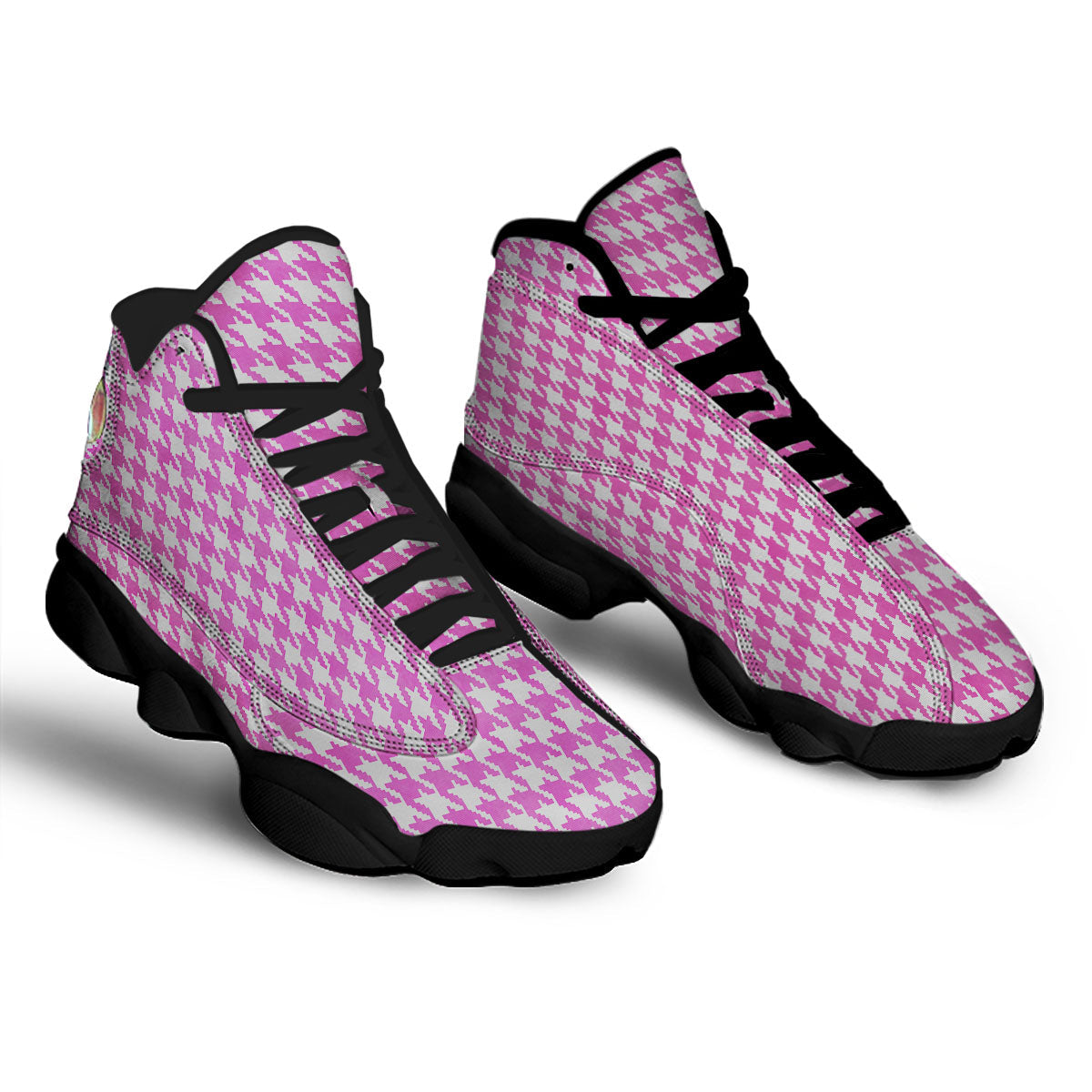 White Houndstooth And Pink Print Black Basketball Shoes-grizzshop