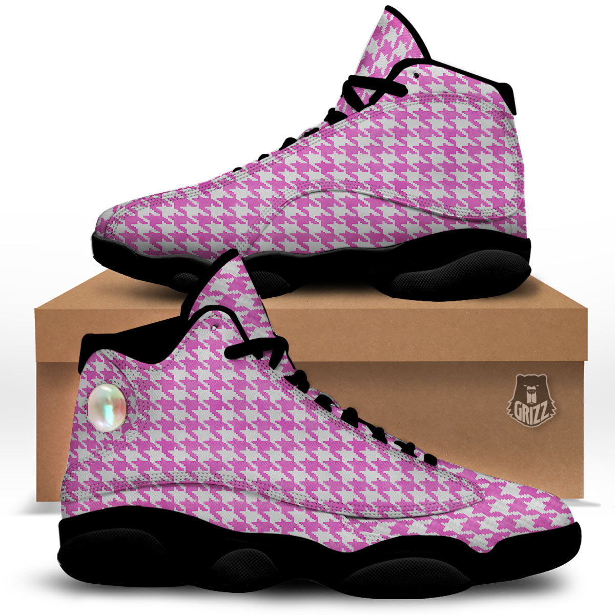 White Houndstooth And Pink Print Black Basketball Shoes-grizzshop