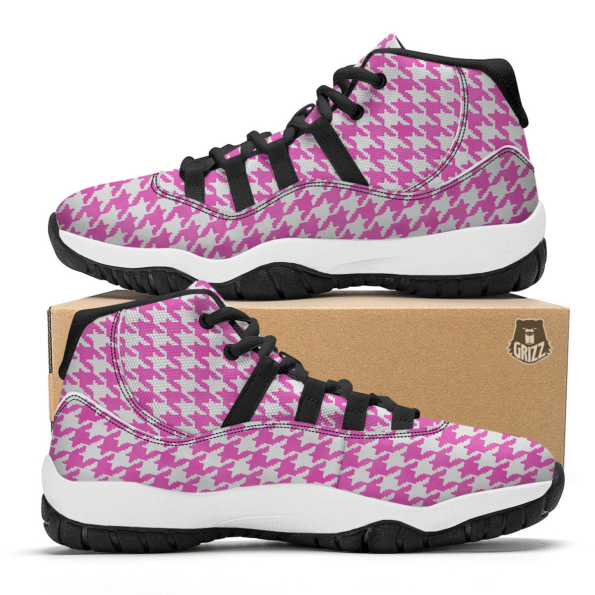 White Houndstooth And Pink Print Black Bball Shoes-grizzshop