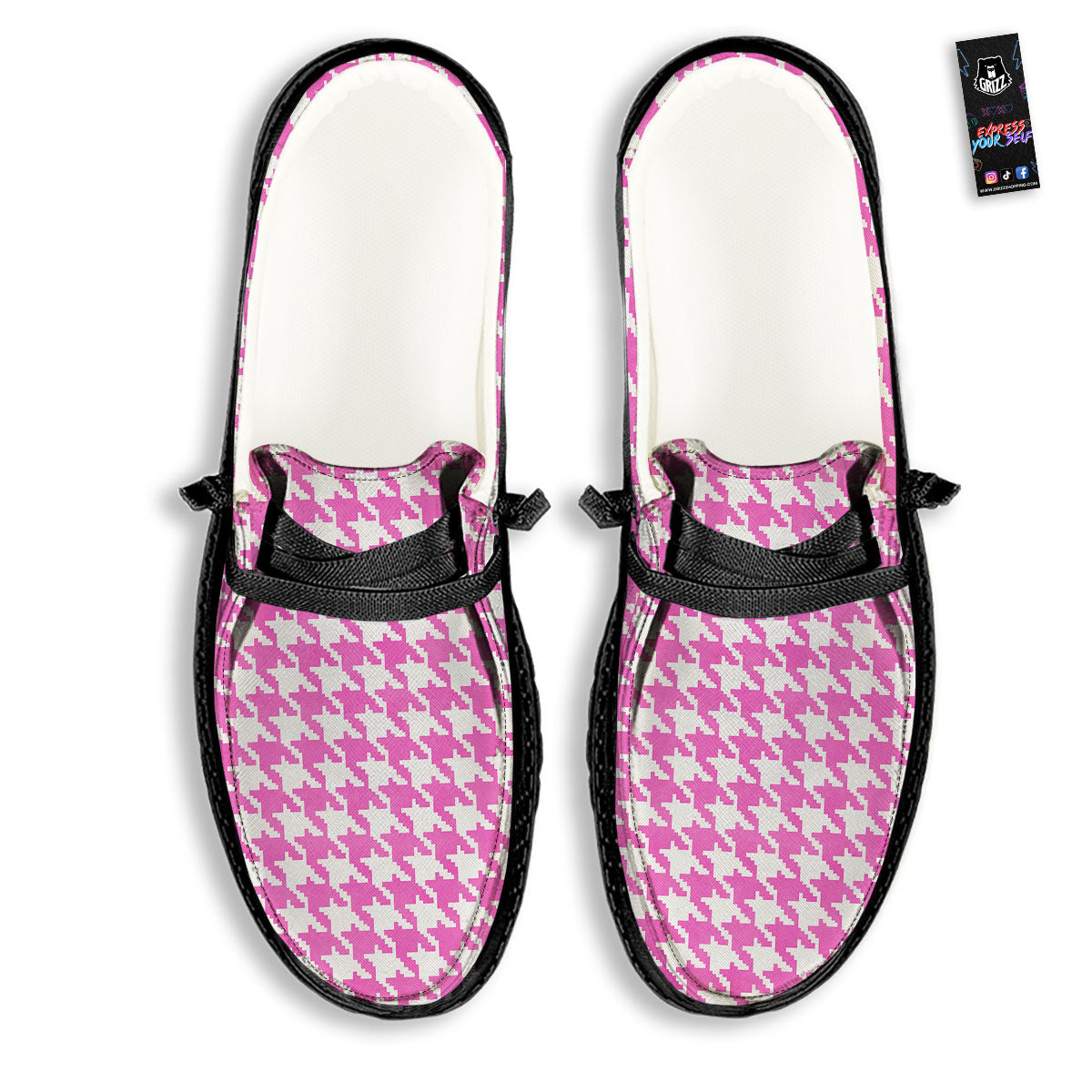 White Houndstooth And Pink Print Black Loafers-grizzshop