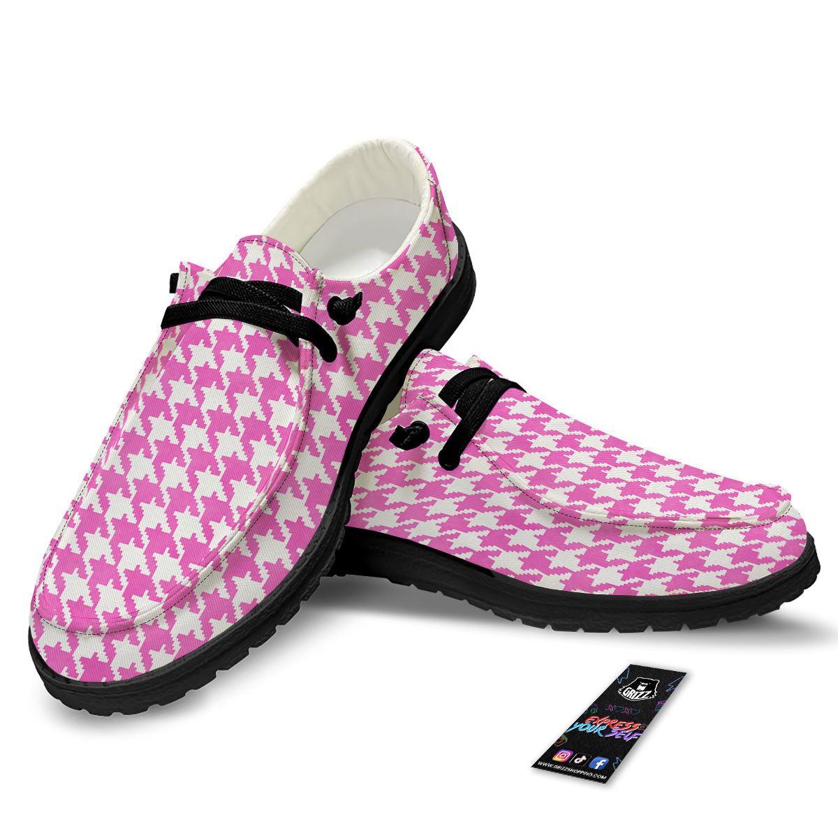 White Houndstooth And Pink Print Black Loafers-grizzshop