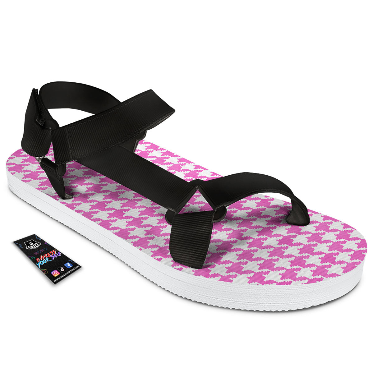 White Houndstooth And Pink Print Black Open Toe Sandals-grizzshop