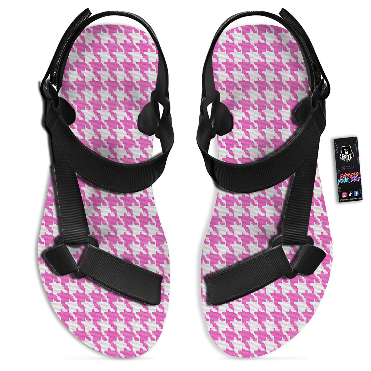 White Houndstooth And Pink Print Black Open Toe Sandals-grizzshop