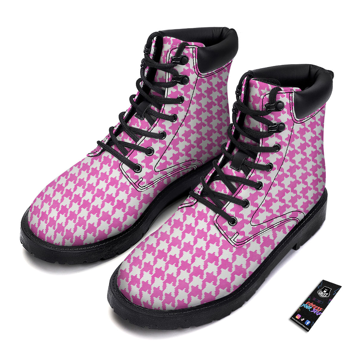 White Houndstooth And Pink Print Boots-grizzshop