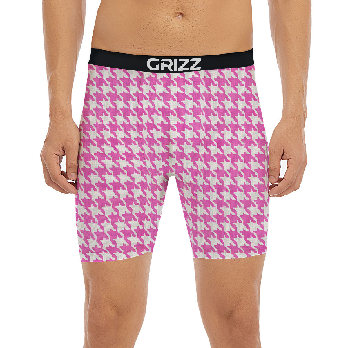 White Houndstooth And Pink Print Boxer Briefs-grizzshop
