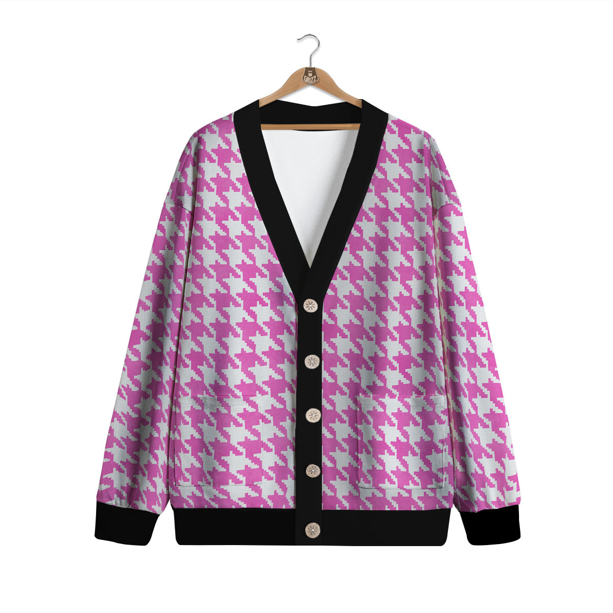 White Houndstooth And Pink Print Cardigan-grizzshop