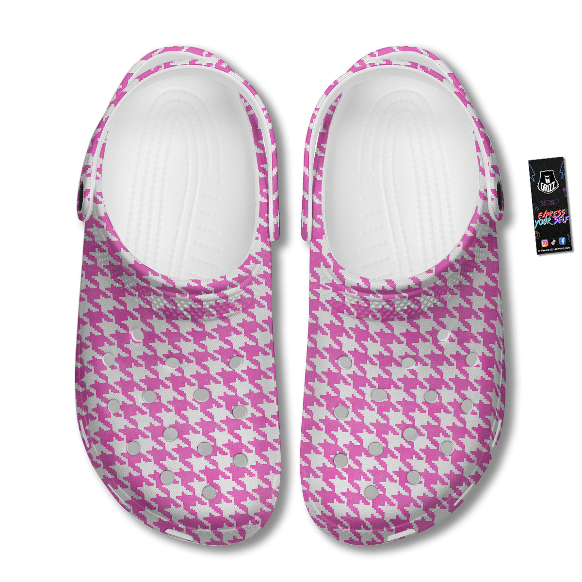 White Houndstooth And Pink Print Clog-grizzshop