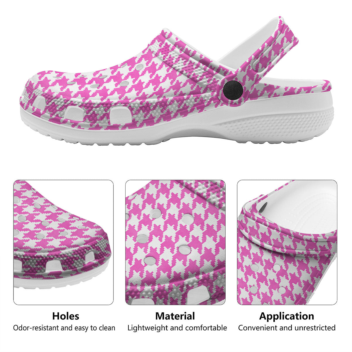 White Houndstooth And Pink Print Clog-grizzshop