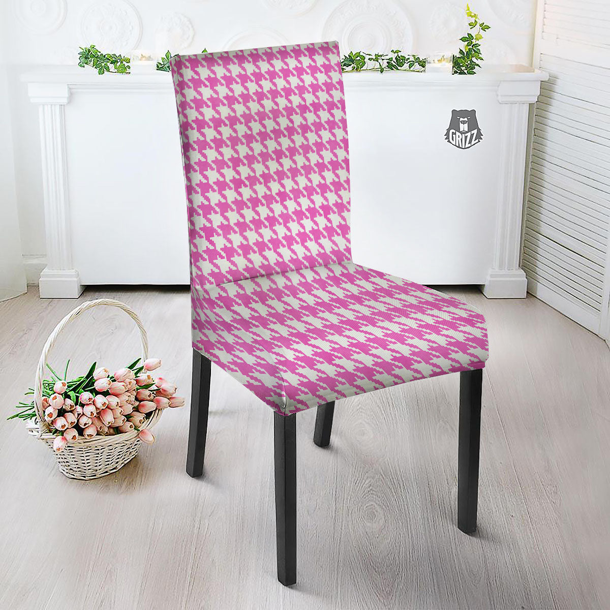 White Houndstooth And Pink Print Dining Chair Slipcover-grizzshop