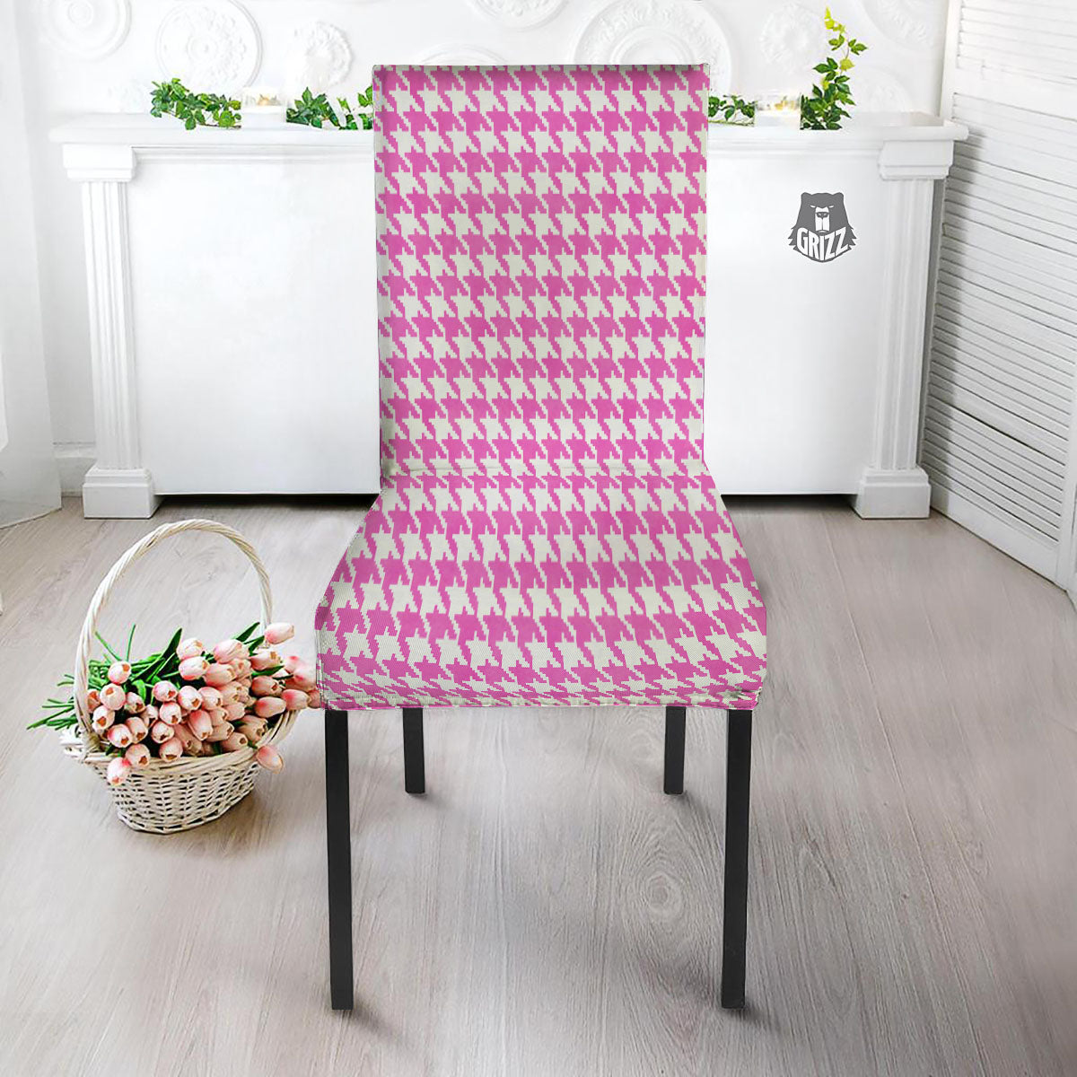 White Houndstooth And Pink Print Dining Chair Slipcover-grizzshop