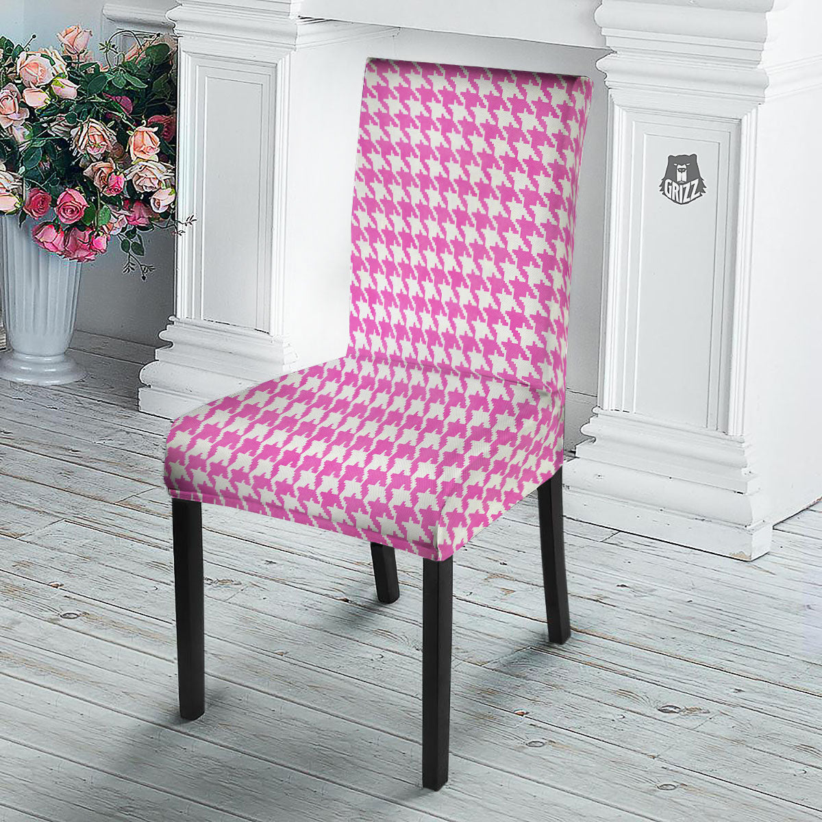 White Houndstooth And Pink Print Dining Chair Slipcover-grizzshop