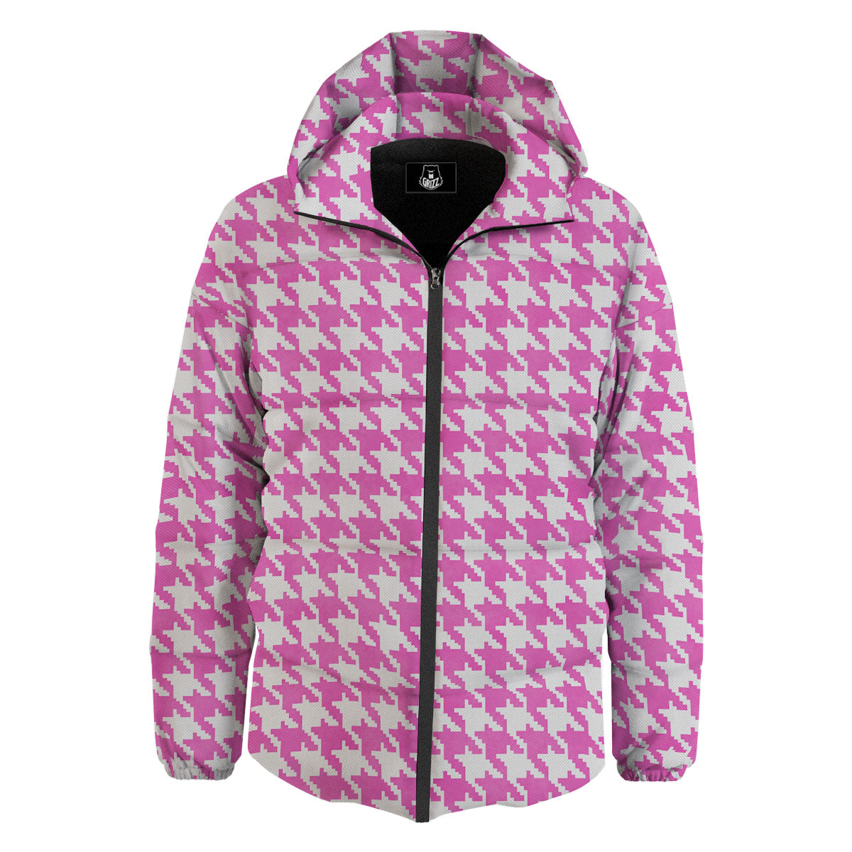 White Houndstooth And Pink Print Down Jacket-grizzshop