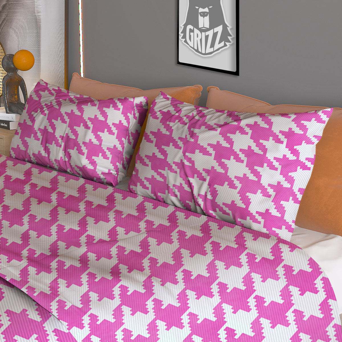 White Houndstooth And Pink Print Duvet Cover Bedding Set