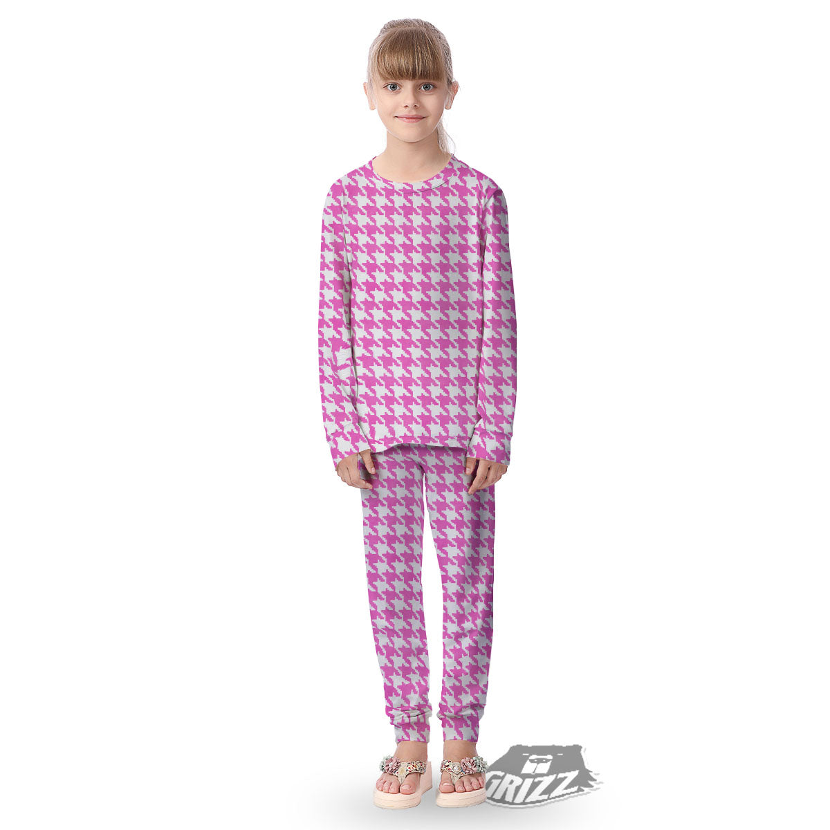 White Houndstooth And Pink Print Kid's Pajamas-grizzshop