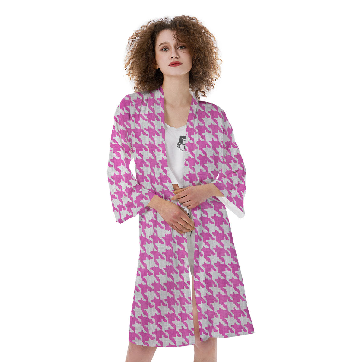 White Houndstooth And Pink Print Kimono-grizzshop
