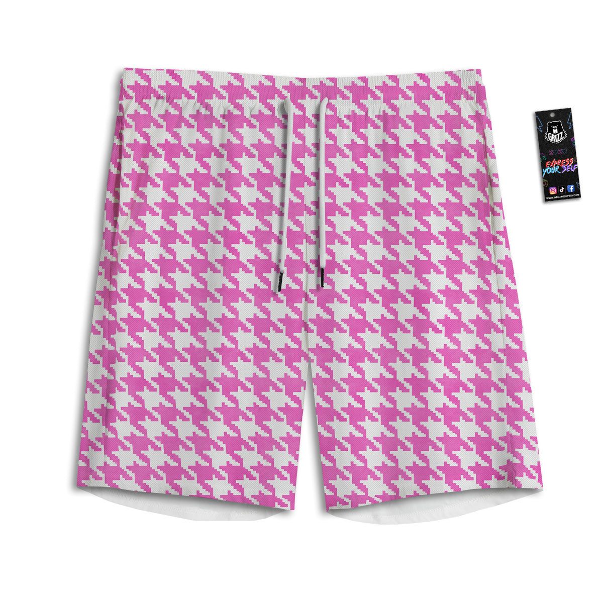 White Houndstooth And Pink Print Men's Athletic Shorts