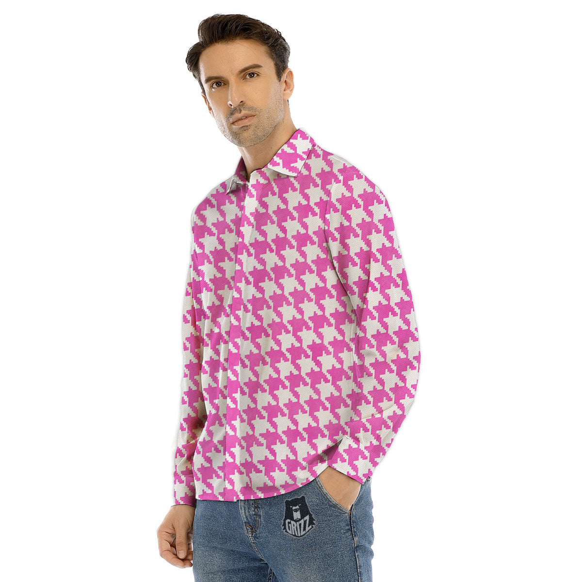 White Houndstooth And Pink Print Men's Dress Shirts-grizzshop