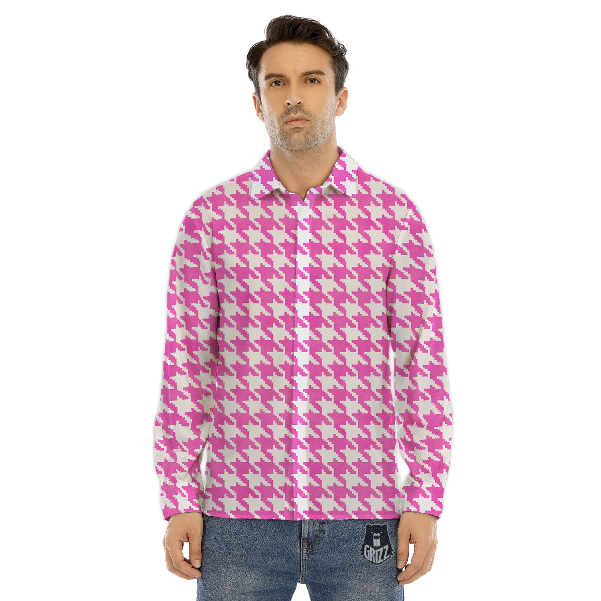 White Houndstooth And Pink Print Men's Dress Shirts-grizzshop