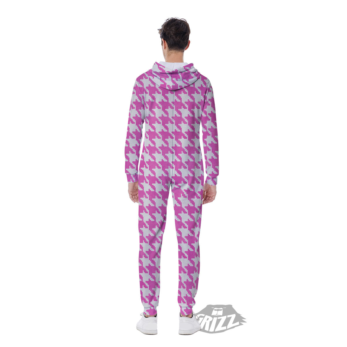 White Houndstooth And Pink Print Men's Jumpsuit-grizzshop