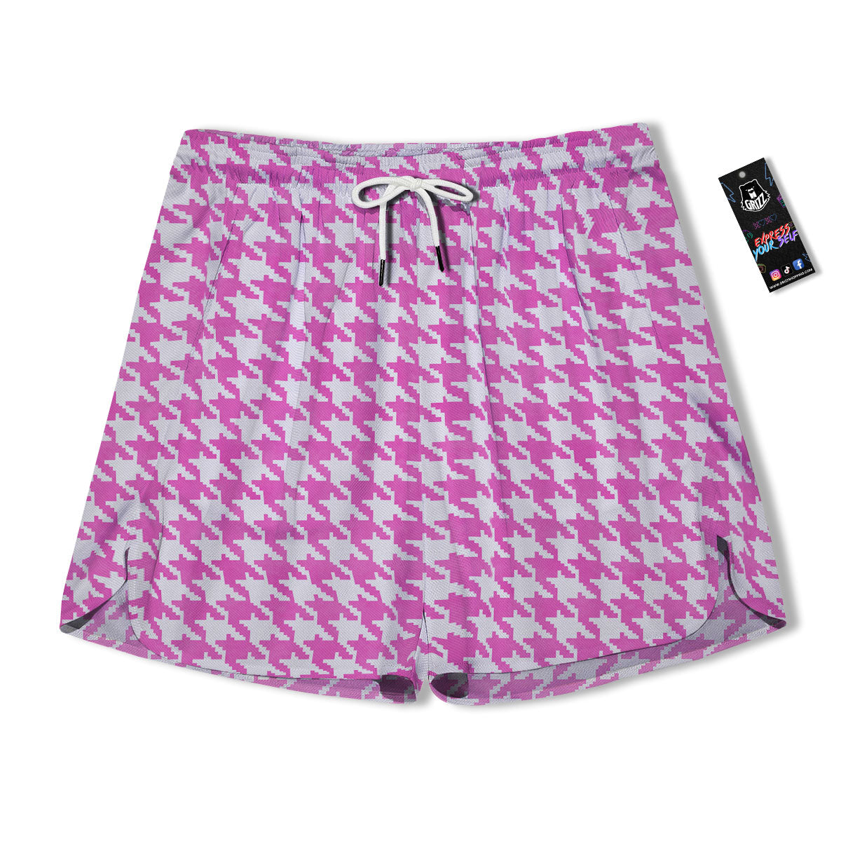 White Houndstooth And Pink Print Men's Running Shorts-grizzshop