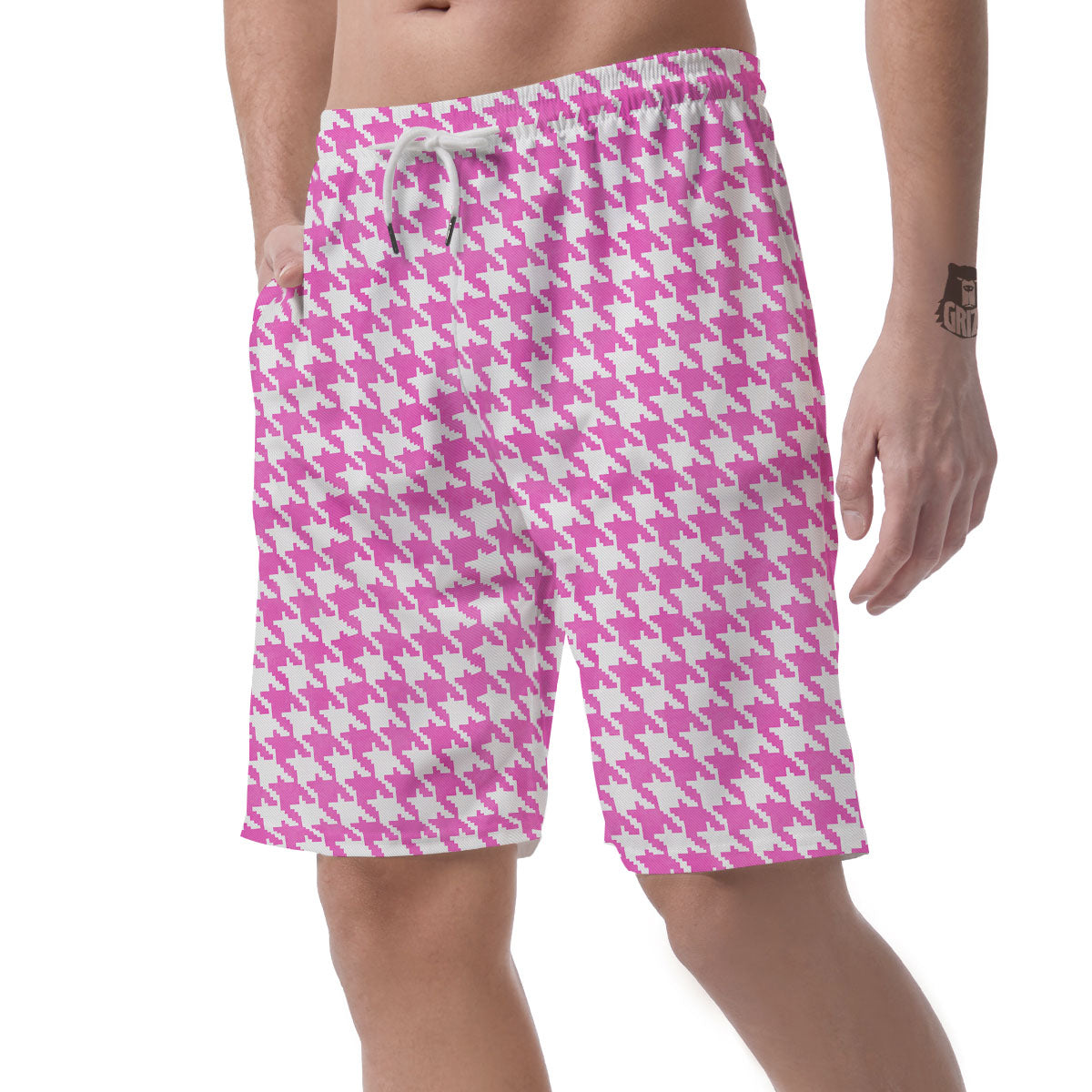 White Houndstooth And Pink Print Men's Shorts-grizzshop