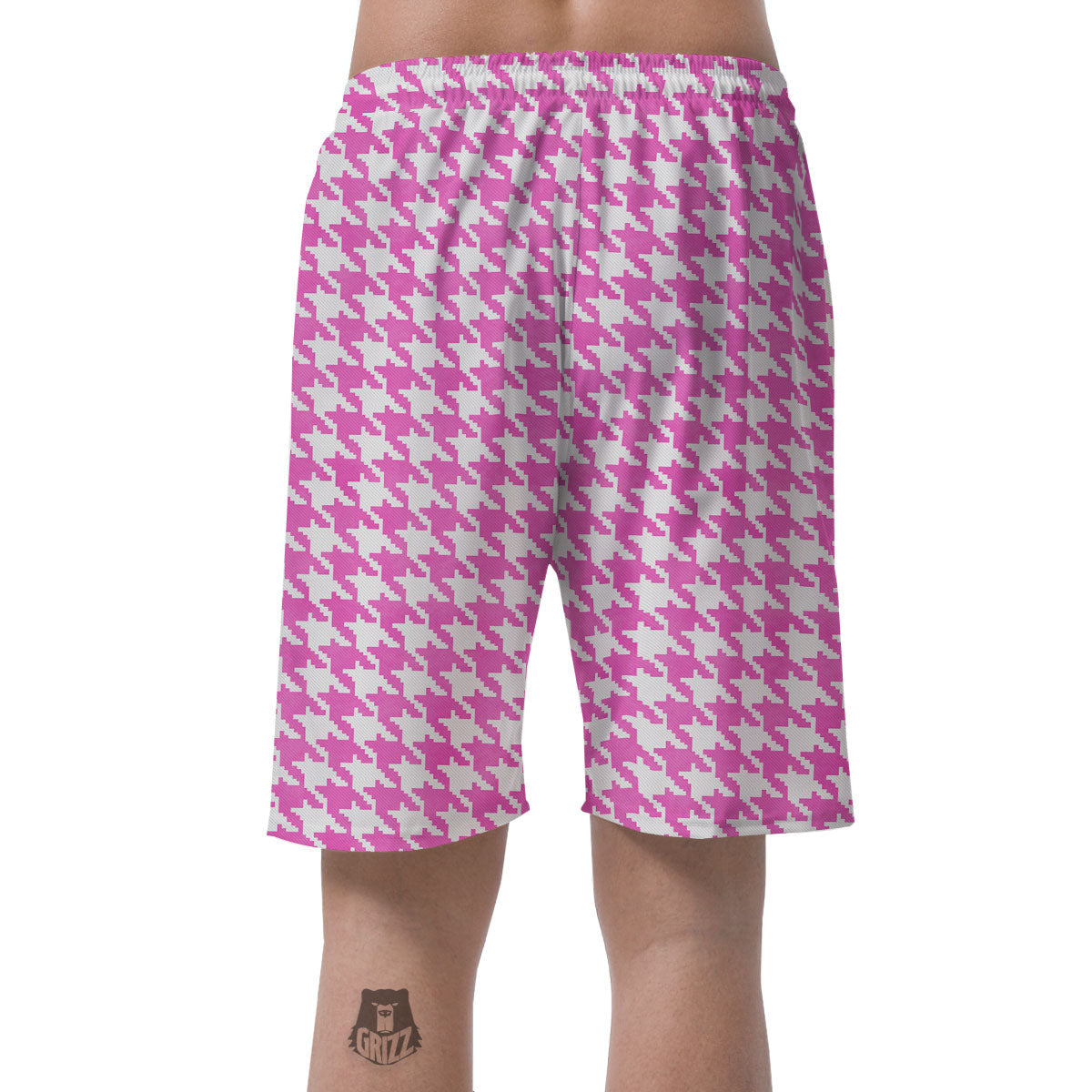 White Houndstooth And Pink Print Men's Shorts-grizzshop