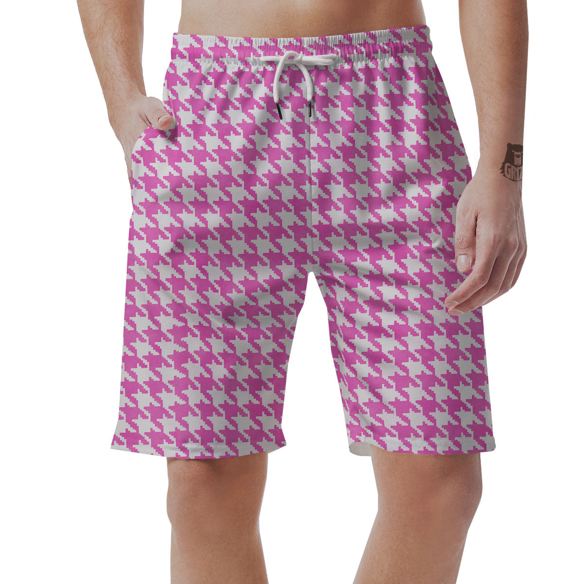 White Houndstooth And Pink Print Men's Shorts-grizzshop