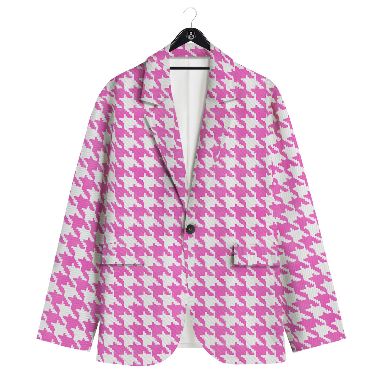 White Houndstooth And Pink Print Men's Sport Coat-grizzshop