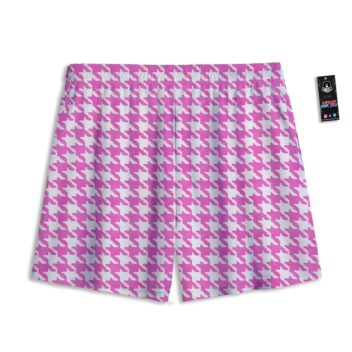 White Houndstooth And Pink Print Mesh Shorts