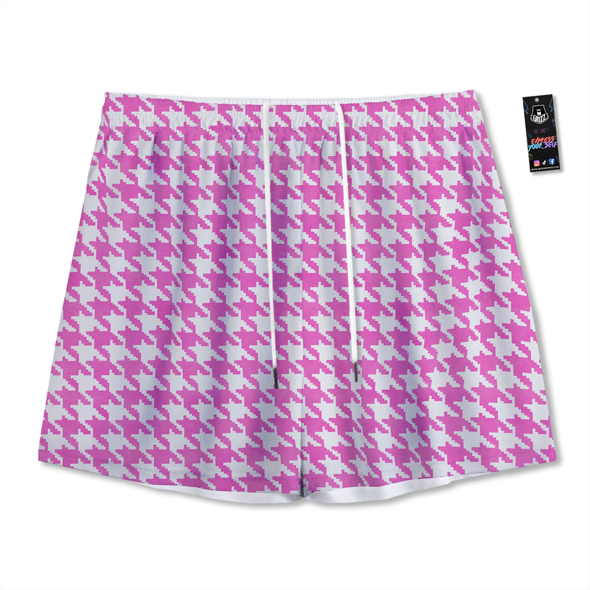 White Houndstooth And Pink Print Mesh Shorts