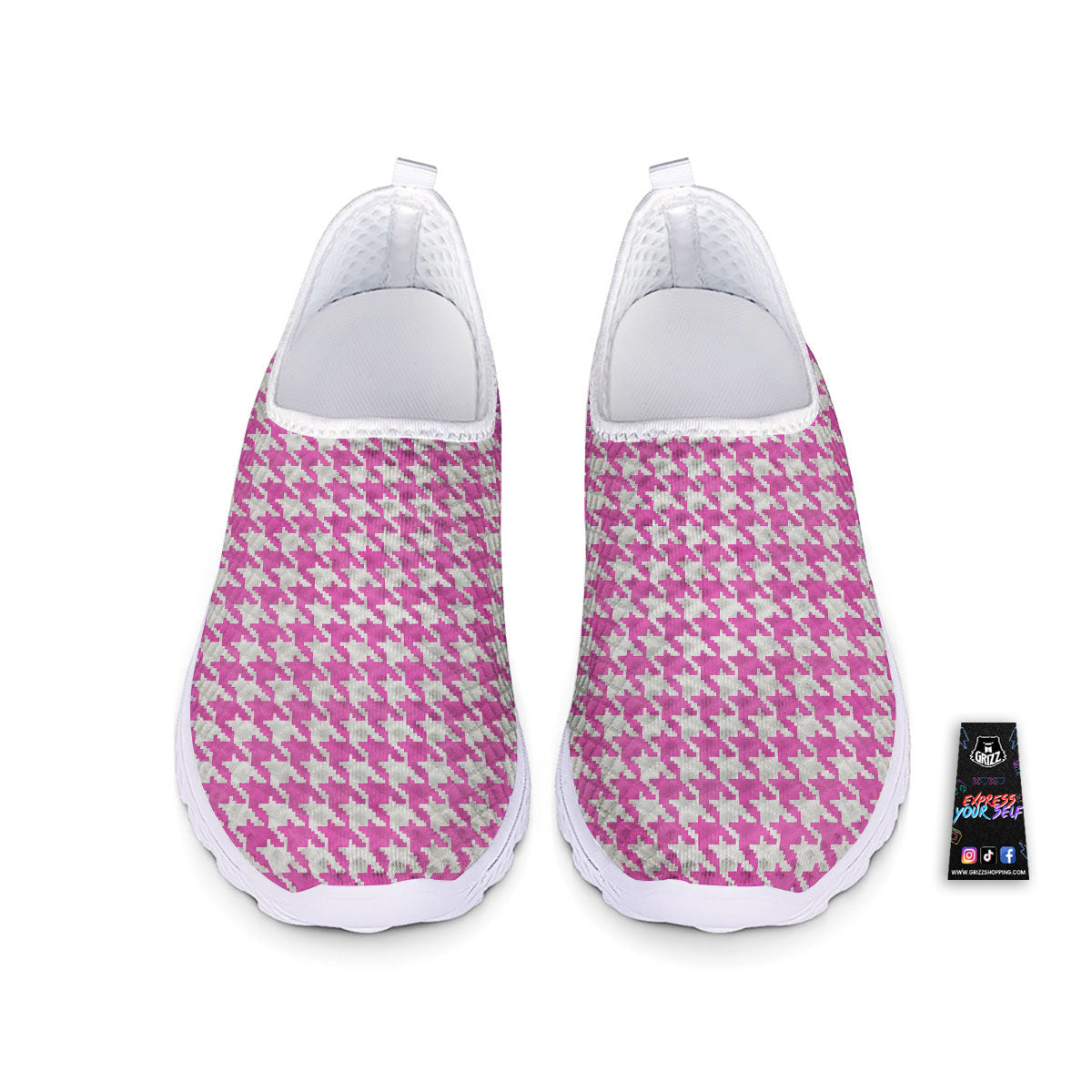 White Houndstooth And Pink Print Nurse Shoes-grizzshop