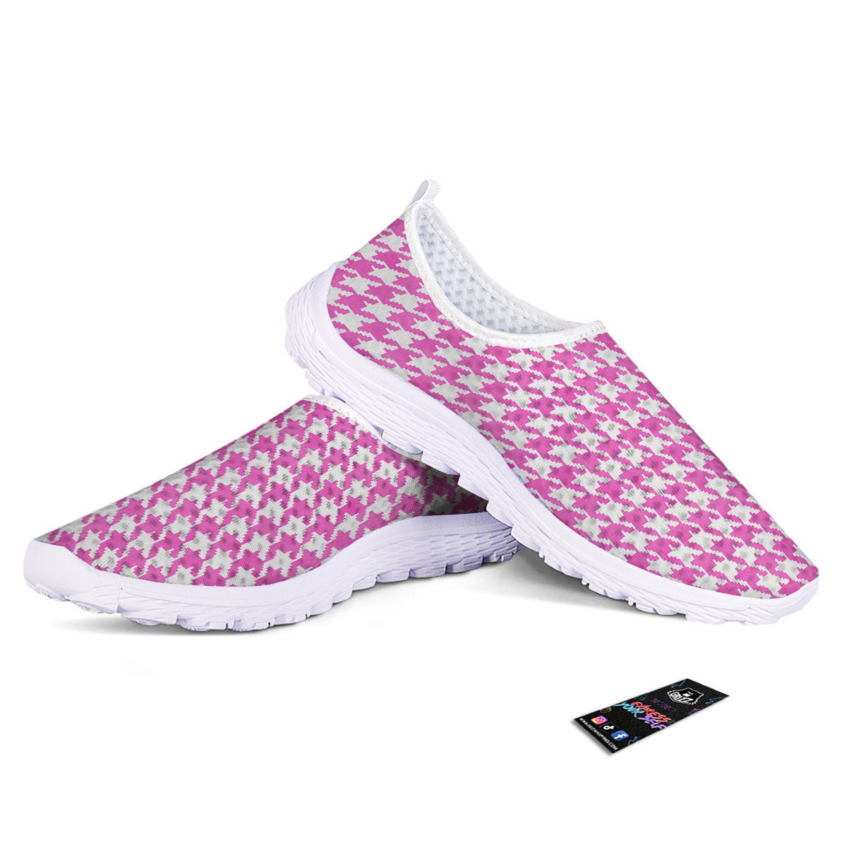 White Houndstooth And Pink Print Nurse Shoes-grizzshop