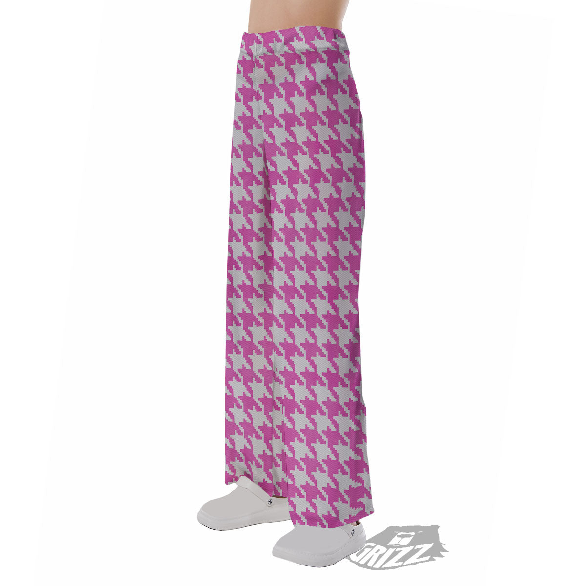 White Houndstooth And Pink Print Pajama Pants-grizzshop