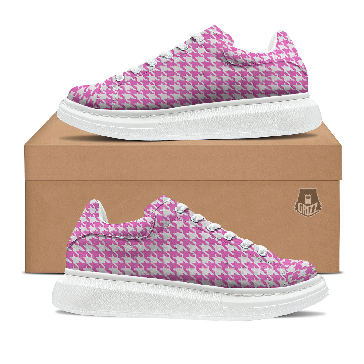 White Houndstooth And Pink Print Platform Shoes-grizzshop