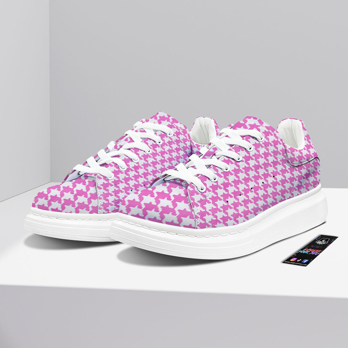 White Houndstooth And Pink Print Platform Shoes-grizzshop