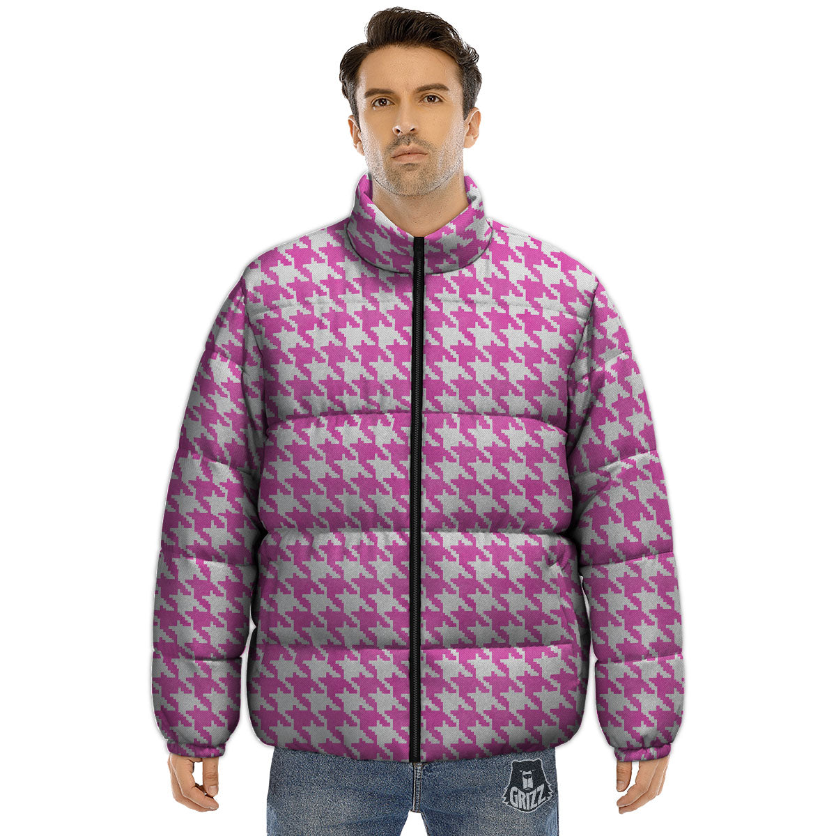 White Houndstooth And Pink Print Puffer Jacket-grizzshop