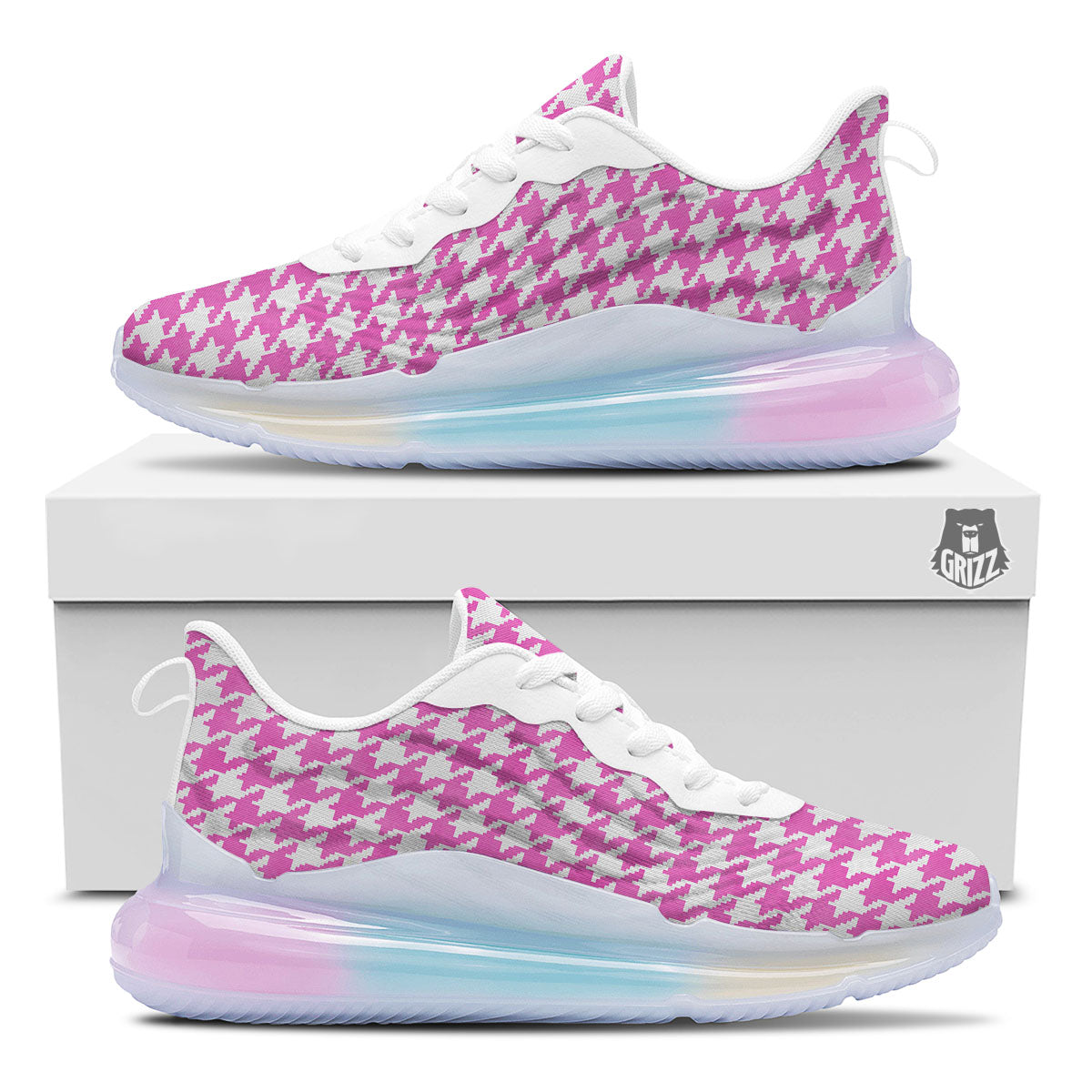 White Houndstooth And Pink Print Running Sneakers-grizzshop