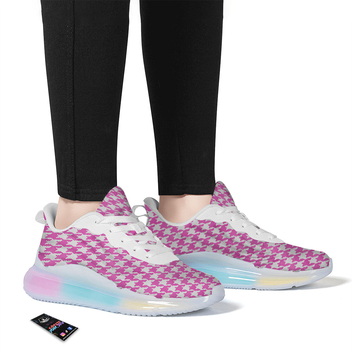 White Houndstooth And Pink Print Running Sneakers-grizzshop