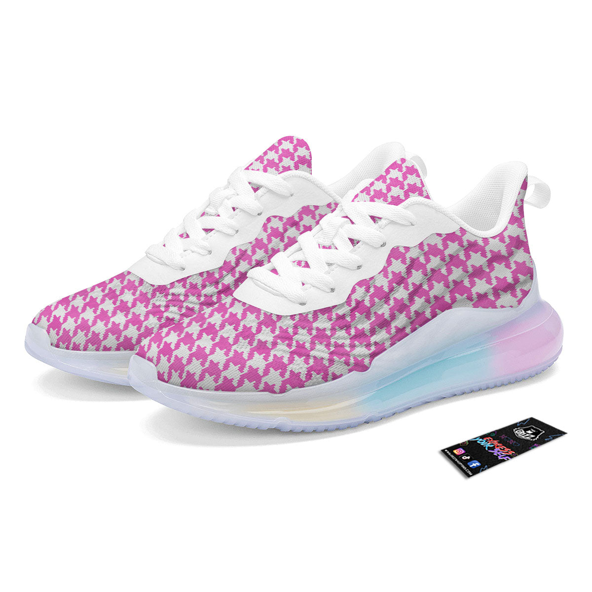White Houndstooth And Pink Print Running Sneakers-grizzshop