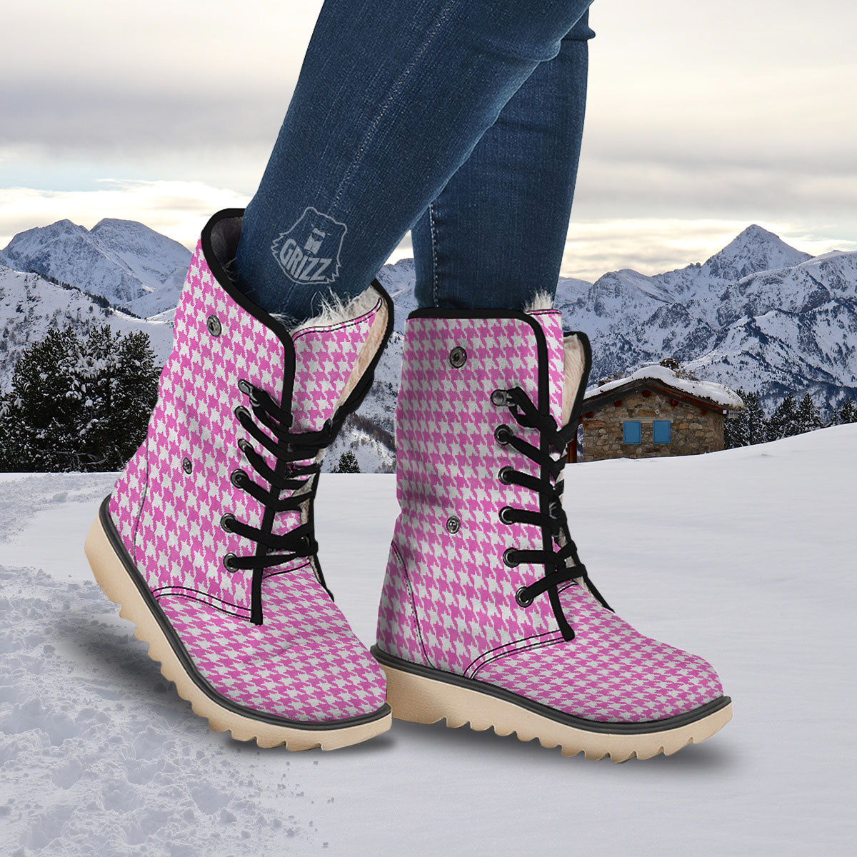 White Houndstooth And Pink Print Snow Boots-grizzshop