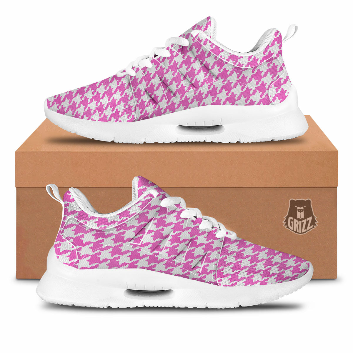 White Houndstooth And Pink Print Tennis Shoes-grizzshop