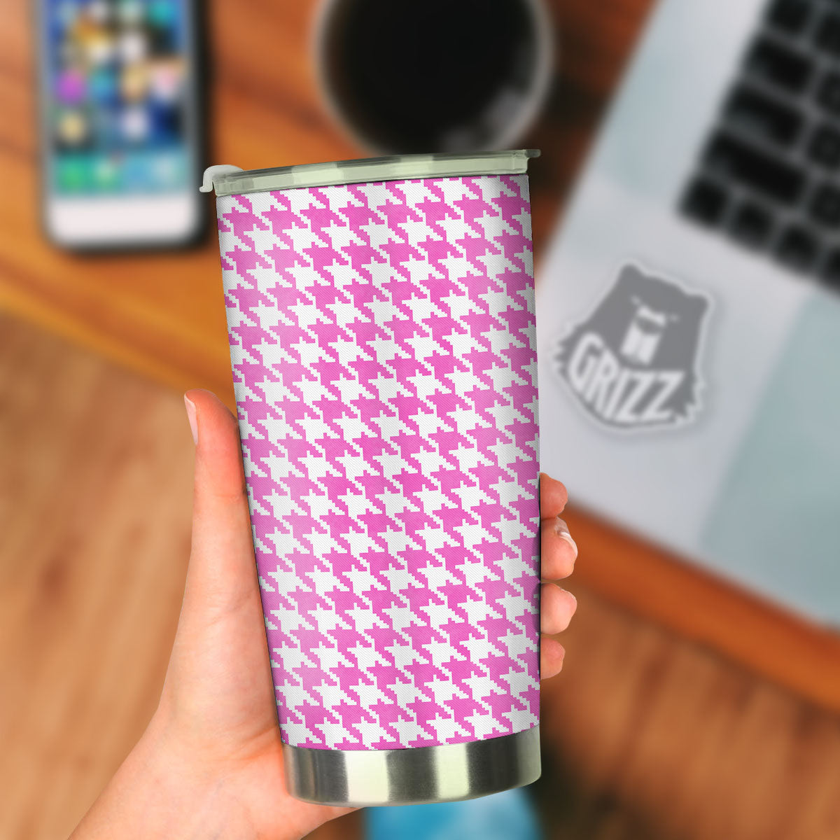 White Houndstooth And Pink Print Tumbler-grizzshop