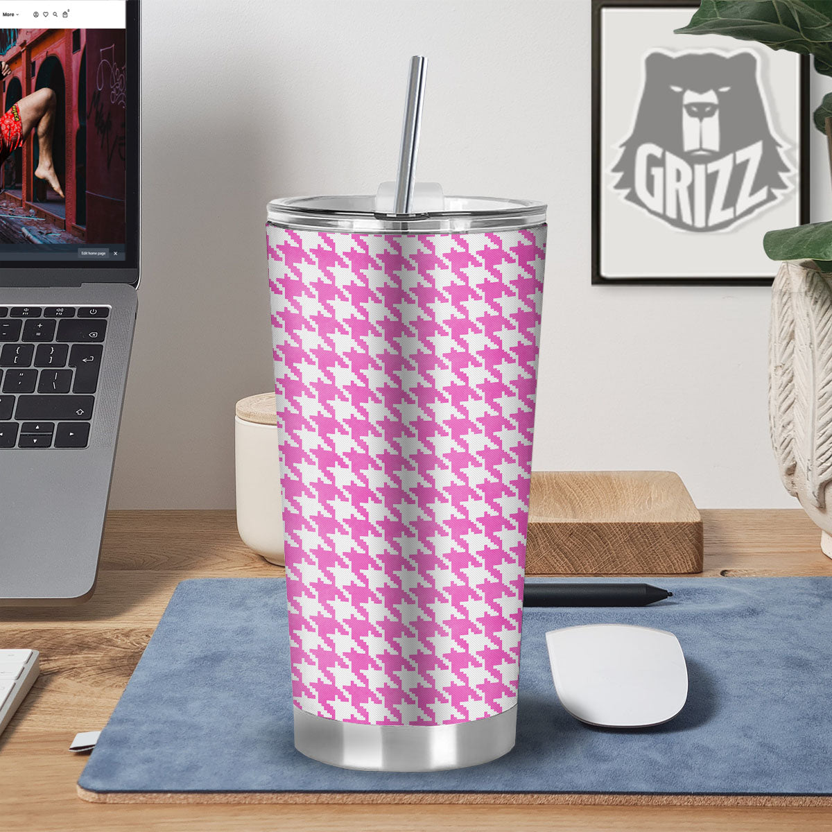 White Houndstooth And Pink Print Tumbler-grizzshop