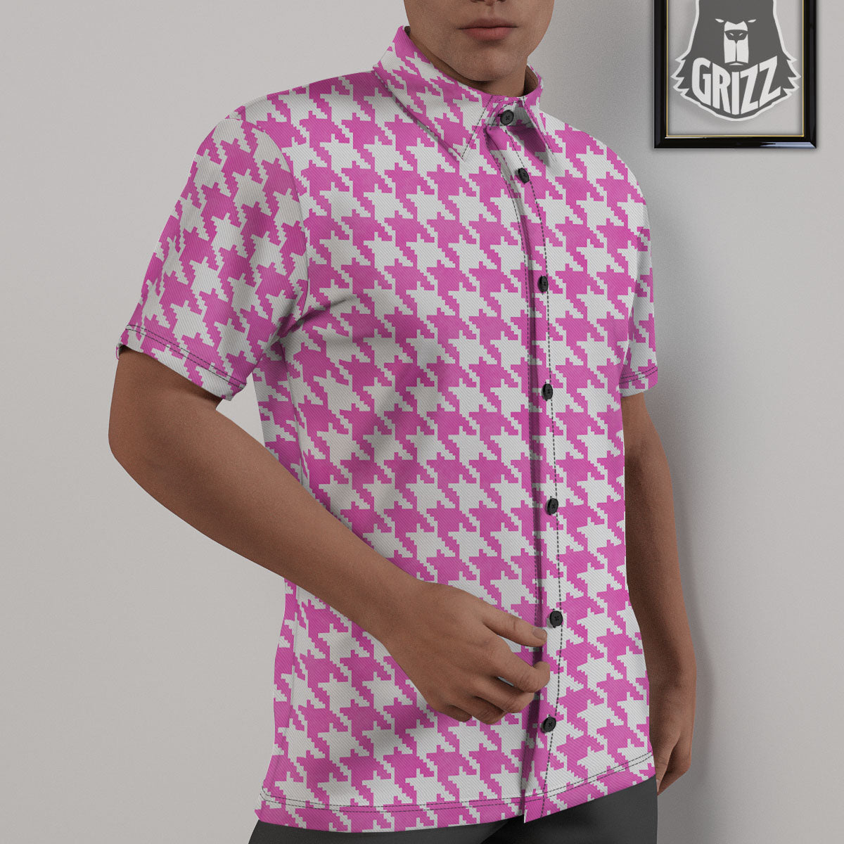 White Houndstooth And Pink Print Untucked Shirts-grizzshop